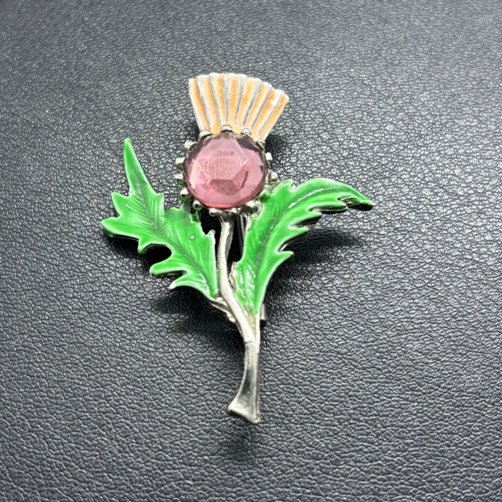 Vintage Hollywood Scottish Thistle Brooch Glass Green Pink Enamel Celtic